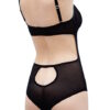 A model (back view shown) wears the Le Petit Trou Fabienne bodysuit. A sheer black bodysuit that features a bra back closure and a keyhole cutout in the back under the waist.