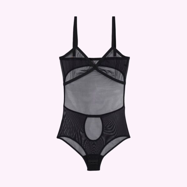 A flat lay of the Le Petit Trou Fabienne bodysuit. A sheer black bodysuit that features a bra back closure and a keyhole cutout in the back under the waist.