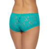 A model shown from the waist down (back view) wears the Hanky Panky Signature Lace Boyshorts in Maui - a bright teal. They are made of a sheer stretch lace.