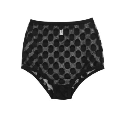 A Flat lay of the high waisted Jeanne panties by Hopeless Lingerie. These retro briefs are sheer, black and feature a large allover polka dot print. They sit high on the waist but the legs are cut low for a pinup girl feel.