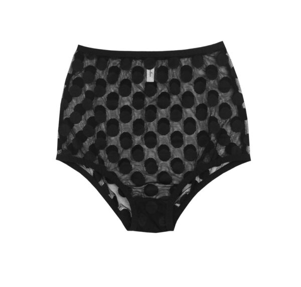 A Flat lay of the high waisted Jeanne panties by Hopeless Lingerie. These retro briefs are sheer, black and feature a large allover polka dot print. They sit high on the waist but the legs are cut low for a pinup girl feel.
