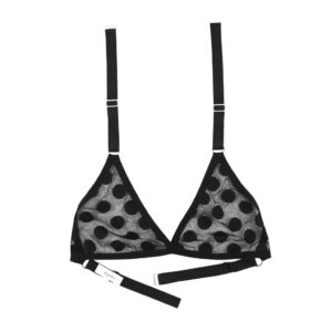 The Lena bralette by Hopeless Lingerie. It is a black mesh bra featuring large polka dots and is a classic triangle bralette with a halter strap.