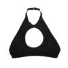 The Alex halter bra by Hopeless Lingerie. It is made of a black mesh and has an adjustable halter strap, as well as a circular cutout in the front.