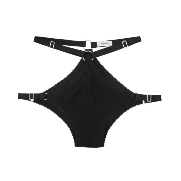 the Darla strappy knickers. Straps at the waist and hips are all adjustable, and the panties are made of a soft sheer black mesh.