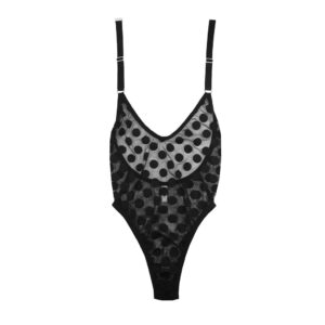 The Selma bodysuit by Hopeless Lingerie. This halter-style bodysuit is made of a sheer black mesh with a large allover polka dot print. The legs of the bodysuit are high cut.