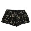 A flat lay of the Only Hearts Seeing Stars lounge shorts. The shorts are navy and feature a print of moons, stars and constellations printed in white and light pink. They are a loose fit but short inseam shorter than boxer shorts.