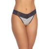 A model is shown from the waist down (front view) wearing the Hanky Panky Jersey Stripe original rise thong panty. The jersey material is white with thin navy stripes and is trimmed in a soft navy lace.