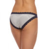 A model is shown from the waist down (back view) wearing the Hanky Panky Jersey Stripe Brazilian bikini panty. The jersey material is white with thin navy stripes and is trimmed in a soft navy lace.