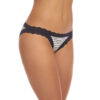 A model is shown from the waist down (front view) wearing the Hanky Panky Jersey Stripe Brazilian bikini panty. The jersey material is white with thin navy stripes and is trimmed in a soft navy lace.
