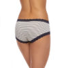 A model shown from the waist down faces backwards showing the back of the hanky panky striped jersey boyshort/ girlkini panties. The panty is made of a striped jersey featuring navy stripes on a white jersey and trimmed in a soft navy lace.