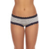A model shown from the waist down faces forward showing the front of the hanky panky striped jersey boyshort/ girlkini panties. The panty is made of a striped jersey featuring navy stripes on a white jersey and trimmed in a soft navy lace.