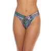 a model is shown from the waist down wearing the Hanky Panky bars and stripes original rise thong. It has multicolored stripes printed on a stretch lace.