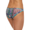 A model is shown from the waist down (back view) wearing the Hanky Panky bars and stripes Brazilian Bikini panty. It has multicolored stripes printed on a stretch lace.