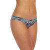 A model is shown from the waist down (front view) wearing the Hanky Panky bars and stripes Brazilian Bikini panty. It has multicolored stripes printed on a stretch lace.