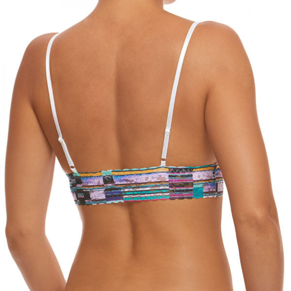 A model is shown from the waist up (back view) wearing the Hanky Panky bars and stripes Triangle bralette. It has multicolored stripes printed on a stretch lace.