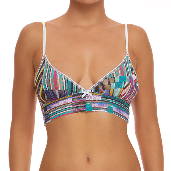 A model is shown from the waist up (front view) wearing the Hanky Panky bars and stripes Triangle bralette. It has multicolored stripes printed on a stretch lace.