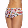 A model faces backwards showing the back of the hanky panky honeycomb boyshort panties. The print is a multicolored honeycomb pattern on a stretch lace.