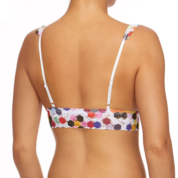 A model faces backwards showing the back of the hanky panky honeycomb bralette, which pulls on over your head but has adjustable straps. The print is a multicolored honeycomb pattern on a stretch lace.