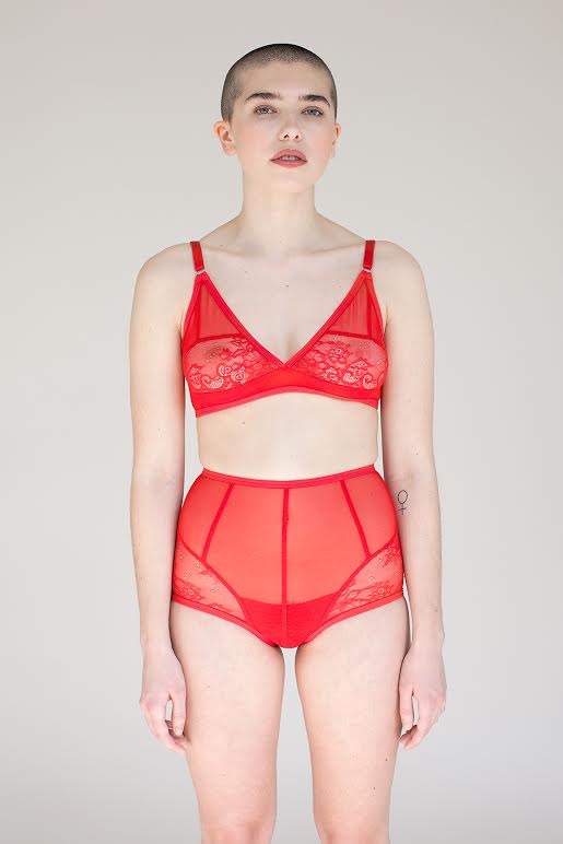 A model stands forward wearing the Iona bralette and high waisted panties. The Iona bra and panty set is made of soft sheer red mesh and lace, sewn in flattering panels. The bra has adjustable straps.
