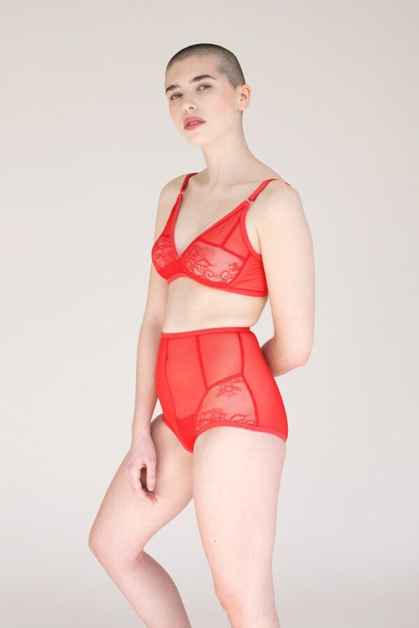 A model stands sideways wearing the Iona bralette and high waisted panties. The Iona bra and panty set is made of soft sheer red mesh and lace, sewn in flattering panels. The bra has adjustable straps.