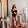 KILO BRAVA black stretch lace longline bralette and high cut bikini in leaves motif