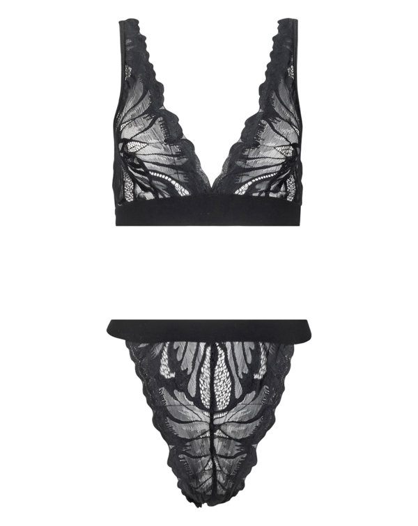 kilo brava Black Lace Triangle Bralette in black wing stretch lace and matching garter belt and thong