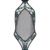 kilo brava halter neck bodysuit in black with jewel blue appliqués