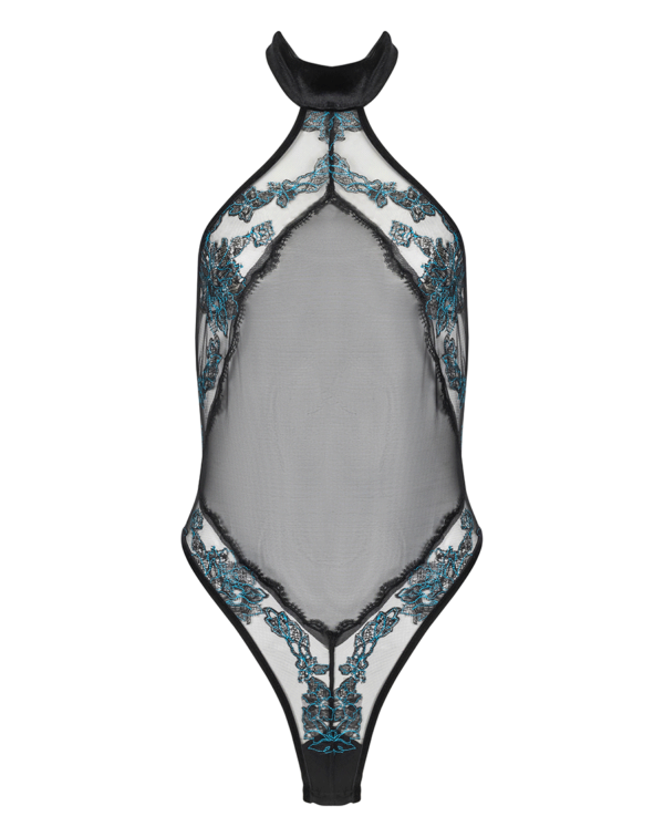 kilo brava halter neck bodysuit in black with jewel blue appliqués