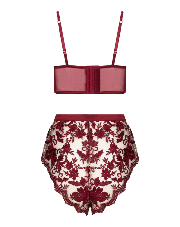 KILO BRAVA ruby wine longline lace bralette and tap shorts on mesh lace