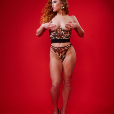model wears kilo brava's ocelot mesh underbust bustier and high leg thong
