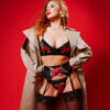 kilo brava rose appliqué triangle bralette, matching garter belt and g-string.