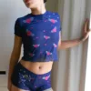 model wears the only hearts sheer embroidered angel baby tee and pamela embroidered shorts