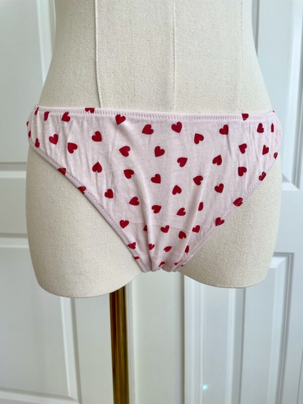 only hearts organic cotton thong in pink with red hearts (on dress form)