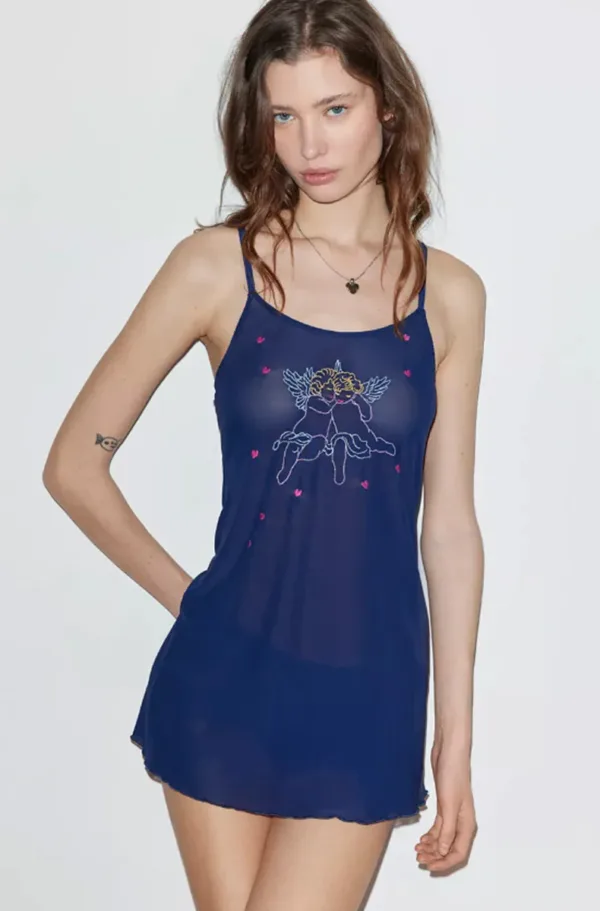 model wears the only hearts angel baby embroidered mesh mini slip