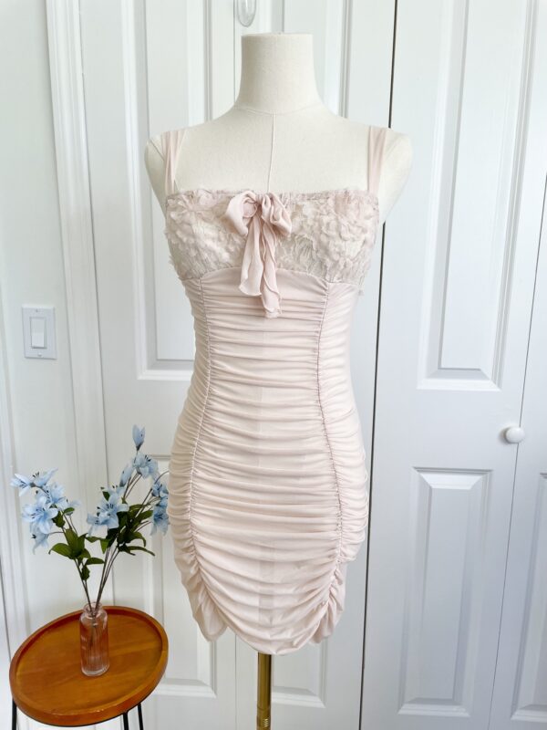 front view of the only hearts simone ruched boudoir slip (on mannequin)