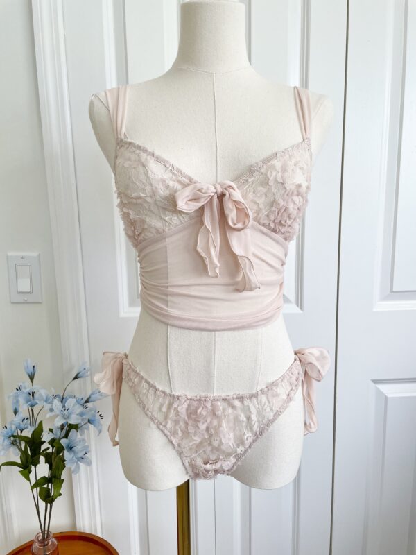 mannequin featuring the only hearts simone ribbon cami and side-tie bikini panties in blush pink mesh