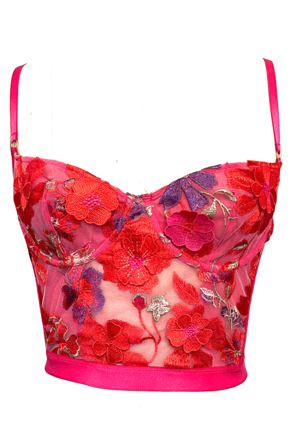 mannequin posed with the kilo brava bright 3D floral embroidered underwire bustier