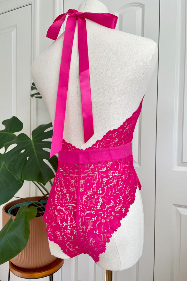 back view of kilo brava azalea pink stretch lace teddy