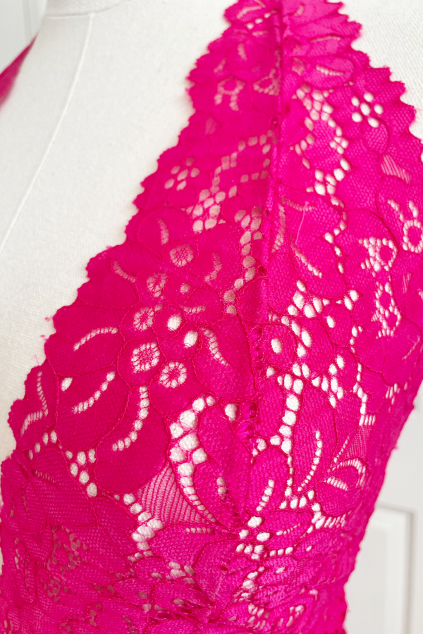 close up view of kilo brava azalea pink stretch lace teddy
