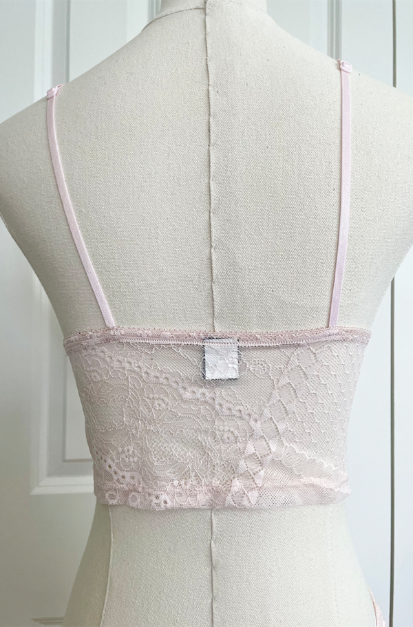 back view of only hearts calais lace longline bralette in petal pink lace