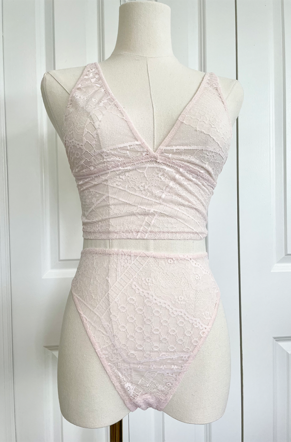 only hearts calais lace longline bralette and high cut brief in petal pink lace