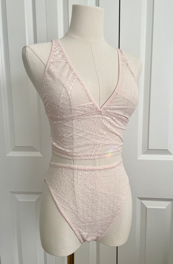 only hearts calais lace longline bralette and high cut brief in petal pink lace