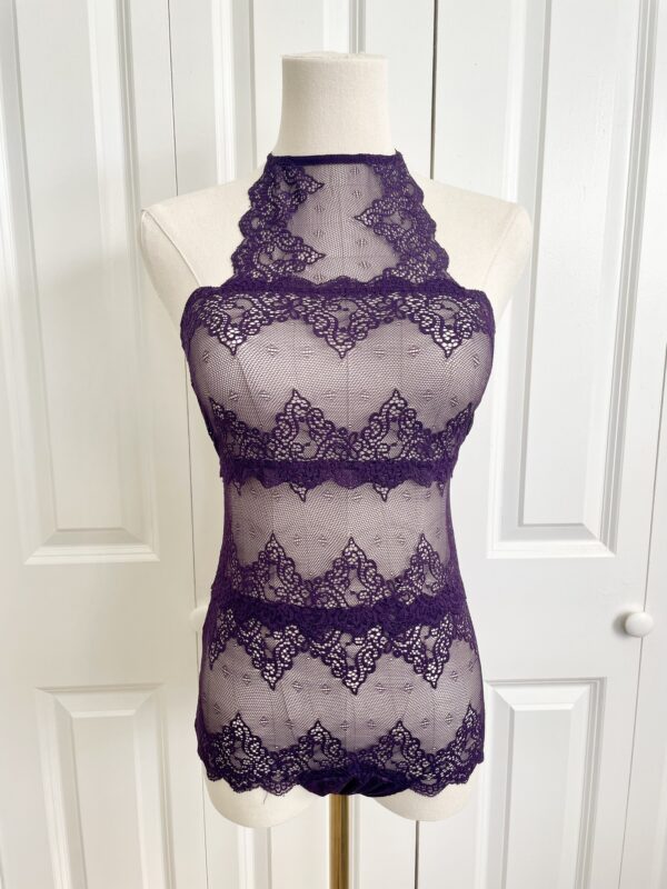 pictured on a dress form mannequin: the only hearts halter so fine lace bodysuit teddy in purple.