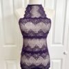 pictured on a dress form mannequin: the only hearts halter so fine lace bodysuit teddy in purple.
