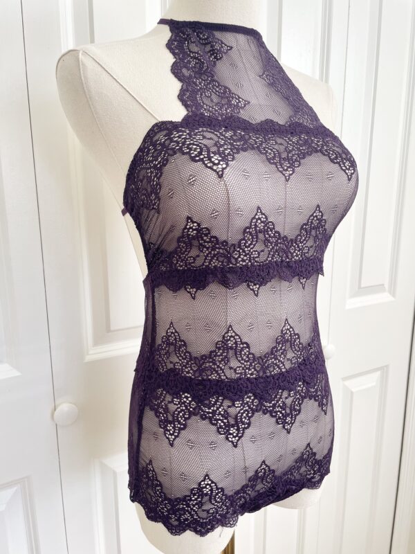 pictured on a dress form mannequin: the only hearts halter so fine lace bodysuit teddy in purple.