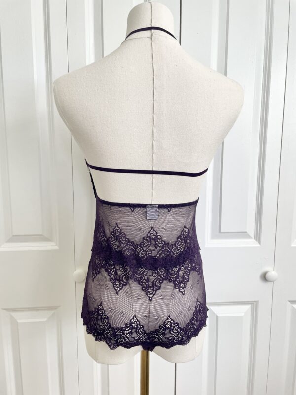 pictured on a dress form mannequin: back view of the only hearts halter so fine lace bodysuit teddy in purple.