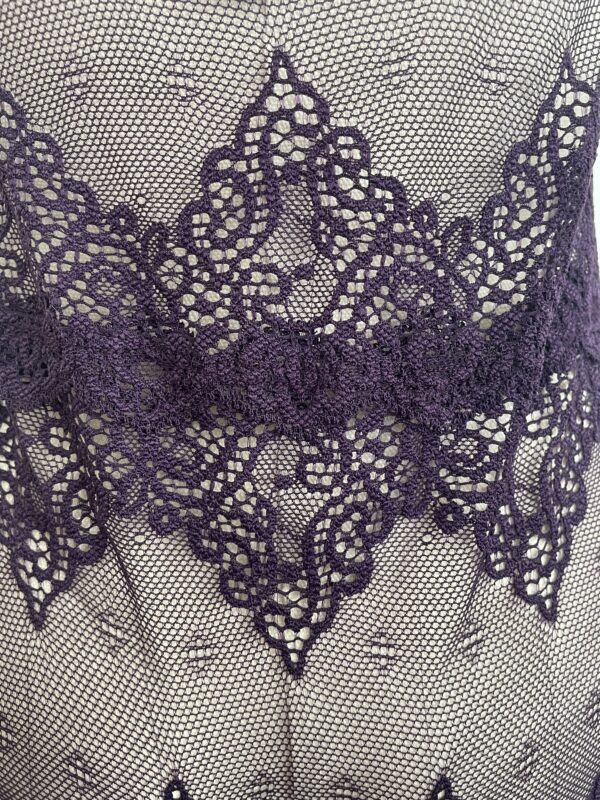 close up of lace of the only hearts halter so fine lace bodysuit teddy in purple.