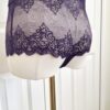 pictured on a dress form mannequin: back rear of the only hearts halter so fine lace bodysuit teddy in purple.