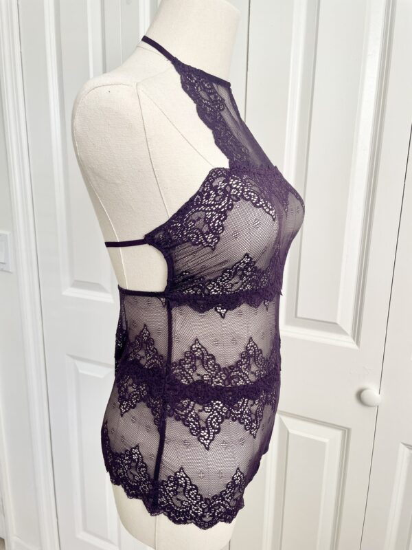 pictured on a dress form mannequin: side view of the only hearts halter so fine lace bodysuit teddy in purple.