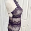 pictured on a dress form mannequin: side view of the only hearts halter so fine lace bodysuit teddy in purple.